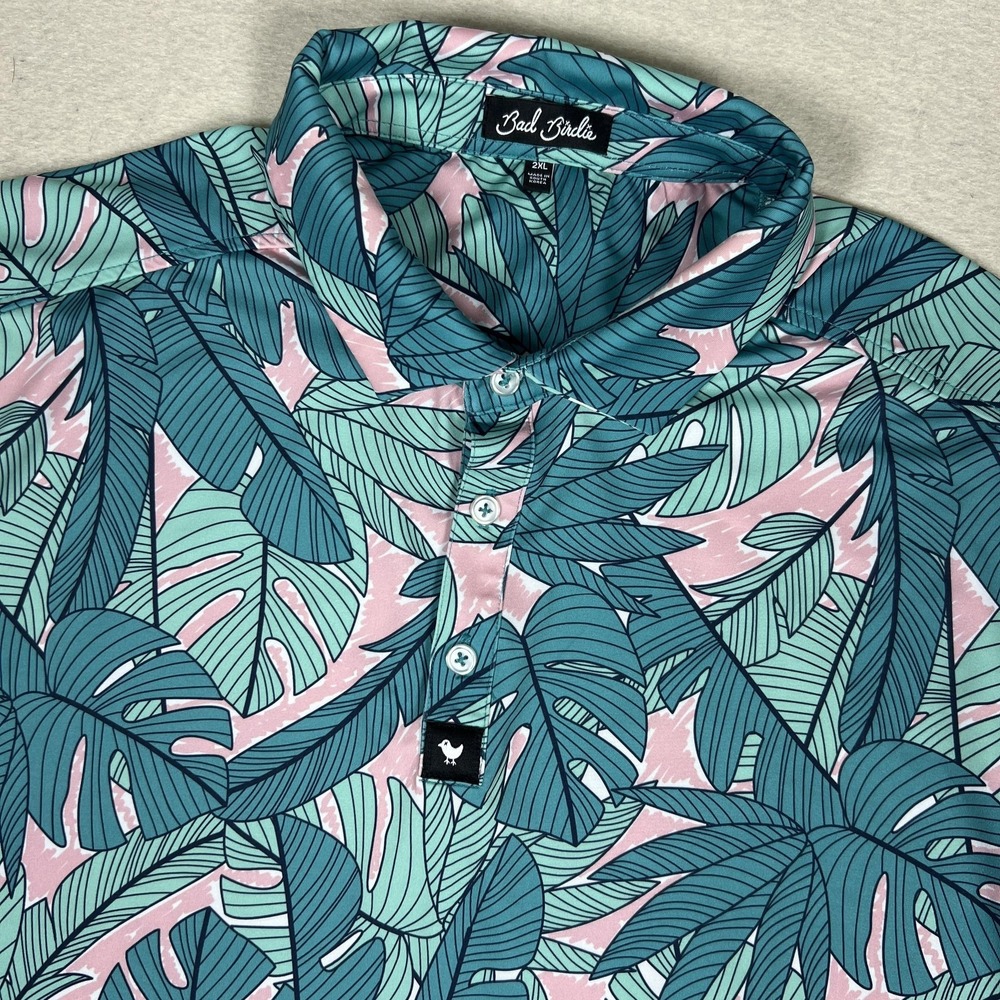 Bad‎ Birdie Polo Shirt Mens XXL Blue Pink Tropical Leaf Print Golf Performance